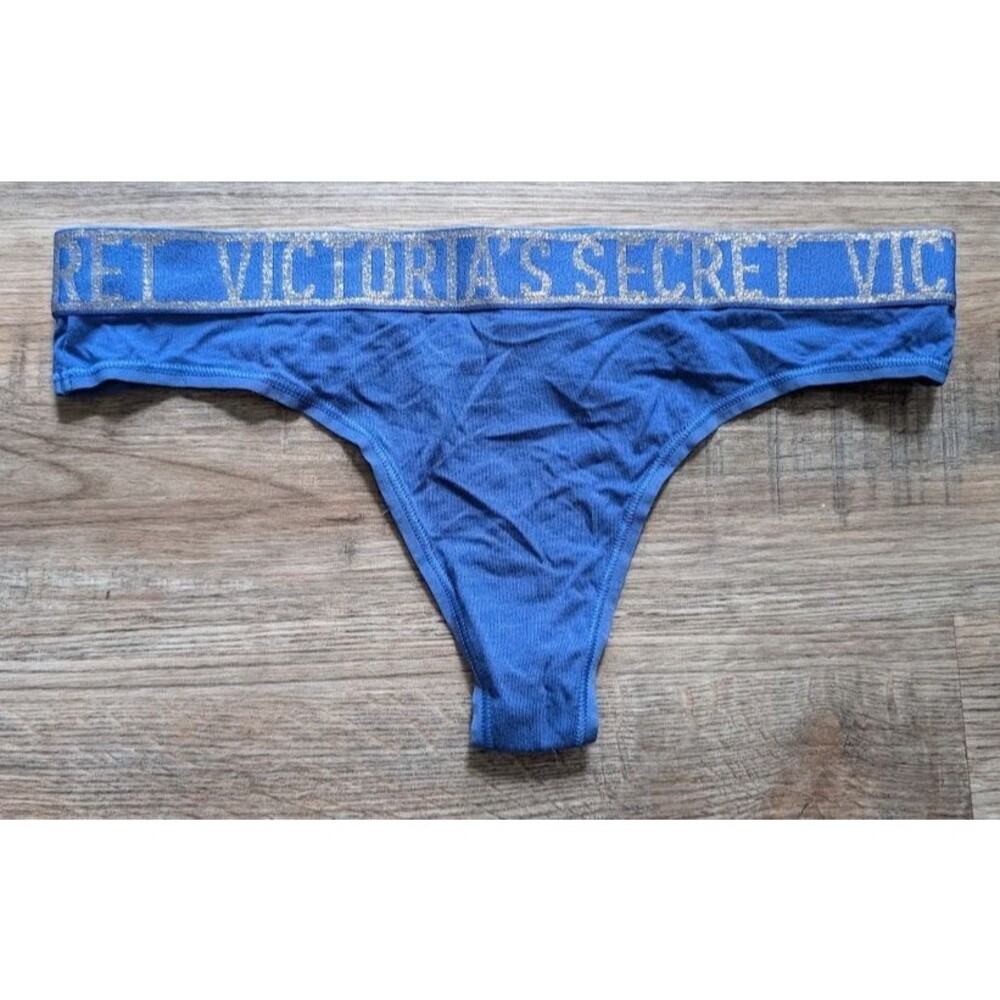 NWT Victoria's Secret Cotton Glitter Logo Thong Panty Size Medium Blue